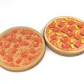 Two Round Pizzas With Red And Yellow Toppings On Wooden Plates