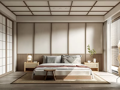 Minimalist Natural Bedroom With Wooden Grid Ceiling Shoji Doors Simple Bed Nightstands And Potted Plant 3d model