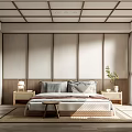 Minimalist Natural Bedroom With Wooden Grid Ceiling Shoji Doors Simple Bed Nightstands And Potted Plant