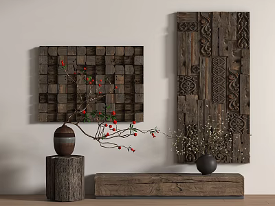 Wooden Wall Hangings Decorative Carved Panel Art With Floral Vase And Branch 3d model