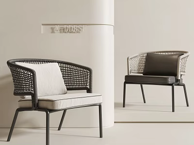 Woven Leisure Chairs With Metal Legs Light And Dark Cushions In Minimalist Indoor Setting 3d model