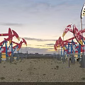 Multiple Heavy Duty Oil Pumpjack Units Arranged On Open Oilfield Site Under Beautiful Sunset Sky