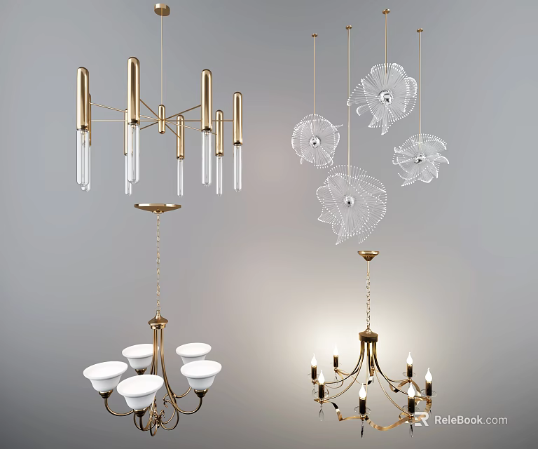 Elegant Modern Chandeliers with Gold Structure Crystal Details and Floral Patterns 3d model 