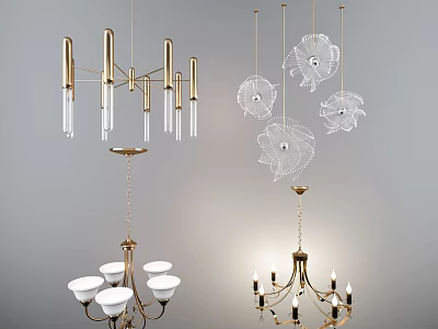 Elegant Modern Chandeliers with Gold Structure Crystal Details and Floral Patterns 3d model