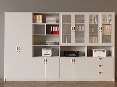 White Office Storage Cabinet With Glass Doors Shelves Folders Books File Boxes and Printer 3d model