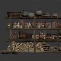 Traditional Wooden Storage Rack With Vintage Kettles Pots Jars And Firewood
