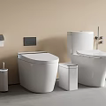 Two White Toilets in Modern Minimalist Bathroom with Toilet Paper Holder Brush and Trash Bin