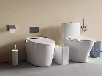 Two White Toilets in Modern Minimalist Bathroom with Toilet Paper Holder Brush and Trash Bin 3d model
