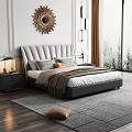Modern Upholstered Double Bed with Gray Orange Pillows Beige Blanket Black Nightstands Wooden Floor and Large Window