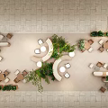 Floral Display Design In Shopping Mall Interior With Greenery Plants Tables And Chairs