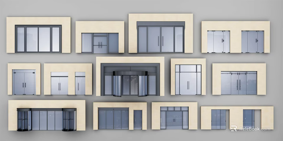 Various Architectural Door Entryway Designs With Glass Panels And Beige Frames 3d model 