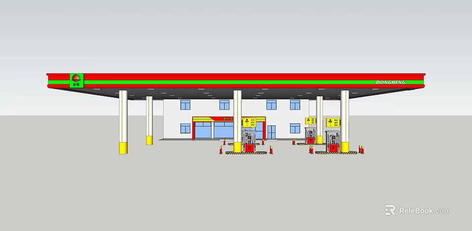 Gas Station With Red Roof White Building Yellow Pillars And Fuel Pumps 3d model 