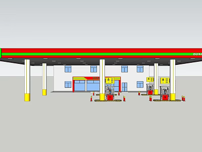 Gas Station With Red Roof White Building Yellow Pillars And Fuel Pumps 3d model