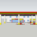 Gas Station With Red Roof White Building Yellow Pillars And Fuel Pumps