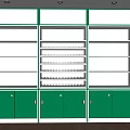 Green And White Display Shelves With Multiple Compartments Cabinet Doors And Top Light Boxes