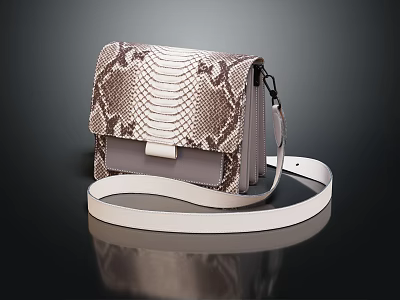 Fashionable Snakeskin Pattern Shoulder Bag With Flap Design And White Strap 3d model