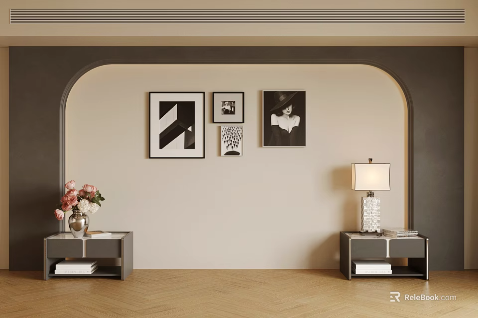 Modern Bedroom Accent Wall Decor With Framed Art Nightstands Table Lamp And Flowers 3d model 