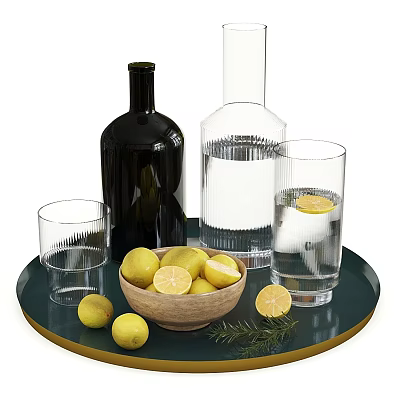 Decorative Ornament Set With Green Tray Glass Cups Bottles Lemons Wooden Bowl And Rosemary 3d model