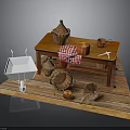 Rustic Wooden Table Setup With Baskets Clay Pots Lantern And Checkered Cloth On Wooden Floor