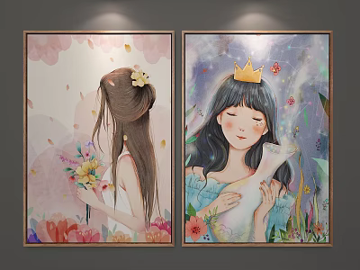 Portrait Paintings of Long Haired Girl Back View with Flowers and Crown Girl Holding Cat 3d model