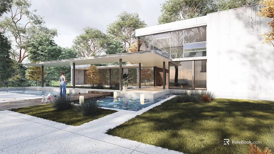 Modern Detached Villa With Glass Walls Swimming Pool And Lush Green Lawn 3d model 