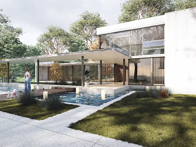 Modern Detached Villa With Glass Walls Swimming Pool And Lush Green Lawn 3d model