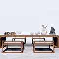 Minimalist Wooden Tea Table and Chairs with Tea Cups Tray and Coasters