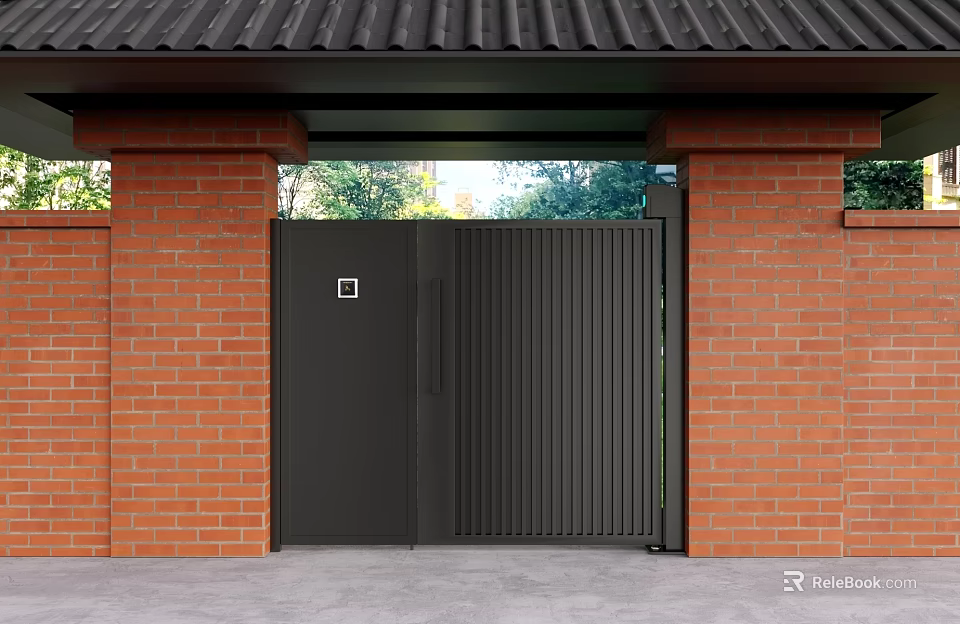 Modern Black Metal Entrance Gate With Red Brick Walls Tile Roof And Green Trees 3d model 