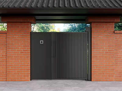 Modern Black Metal Entrance Gate With Red Brick Walls Tile Roof And Green Trees 3d model