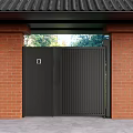 Modern Black Metal Entrance Gate With Red Brick Walls Tile Roof And Green Trees