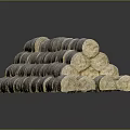 Stacked Cylindrical Hay Bales Arranged On Gray Background With Black Surface Reflection