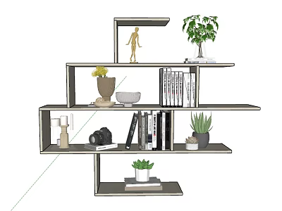 Modern Multi tiered Bookcase With Books Decorative Figurine Vase Camera And Green Plants 3d model