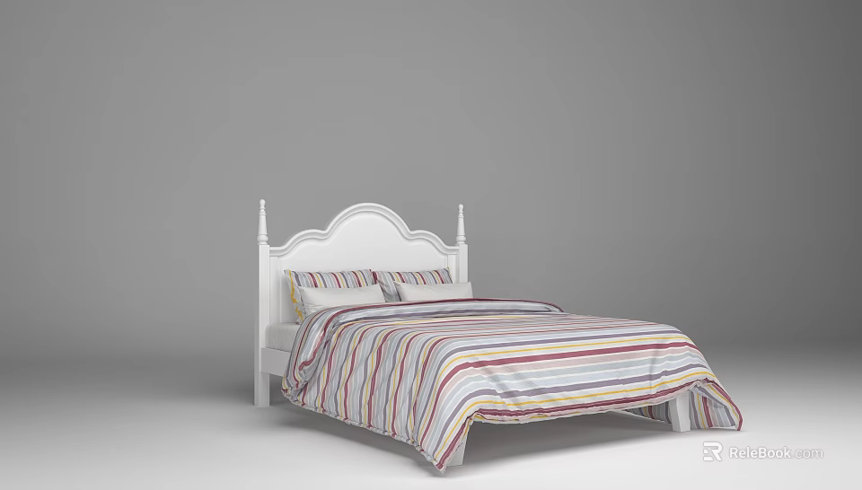 Double Bed With White Carved Headboard And Colorful Striped Bedspread Bedroom Furniture 3d model 