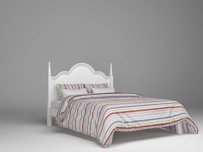 Double Bed With White Carved Headboard And Colorful Striped Bedspread Bedroom Furniture 3d model
