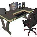Wooden Office Desk With Monitor Smartphone Speakers Keyboard And Black Gaming Chair With Red Accents
