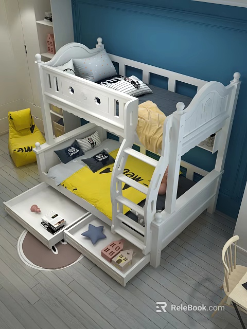 White Wooden Bunk Bed In Kids Room Featuring Yellow Bedding Blue Pillows And Storage Drawers 3d model 