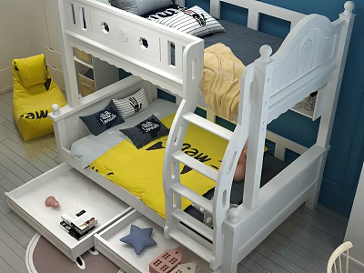 White Wooden Bunk Bed In Kids Room Featuring Yellow Bedding Blue Pillows And Storage Drawers 3d model