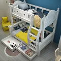 White Wooden Bunk Bed In Kids Room Featuring Yellow Bedding Blue Pillows And Storage Drawers