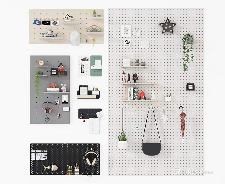 Stylish Wall Decor with Shelves Hooks Plants and Decorative Items 3d model 