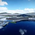 Modern Circular Hotel Building On Water With Overwater Villas And Mountain Views