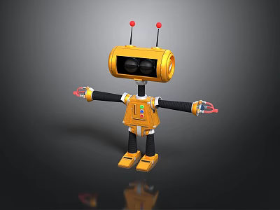 Yellow Robot Character With Red Antennas Black Arms And Colorful Buttons 3d model
