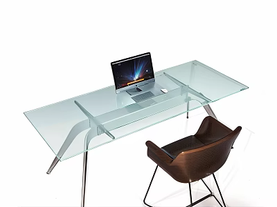 Modern Glass Top Office Desk With Laptop Brown Chair And Metal Legs 3d model