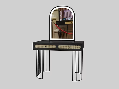 Modern Dressing Table With Arched Mirror Woven Drawers And Black Metal Frame 3d model