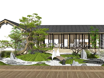 Traditional Karesansui Garden With Japanese Architecture Black Tile Roof And Wooden Deck 3d model