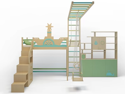 Wooden Boat Shaped Children's Bed with Staircase Ladder Storage and Anchor Decor 3d model