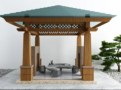 Outdoor Garden Gazebo Green Roof Wooden Columns Latticed Ceiling Stone Table Stools Pine Tree 3d model