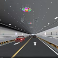 Road Tunnel Facilities Featuring Lane Markings Directional Arrows Guardrails Ceiling Lights and Billboards
