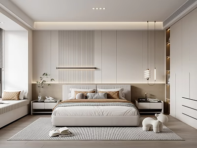 Modern Minimalist Bedroom Interior With Platform Bed Wall Paneling Rug And Hanging Lights 3d model