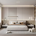 Modern Minimalist Bedroom Interior With Platform Bed Wall Paneling Rug And Hanging Lights