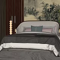 Stylish Double Bed with Elegant Headboard and Pillows in Interior with Mural and Green Plants